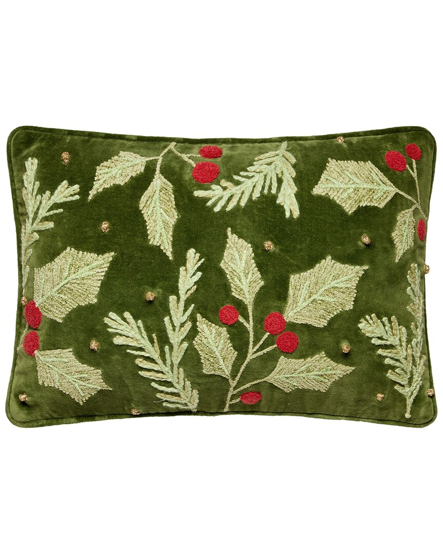 Peking Handicraft Holly Embroidered Pillow In Green