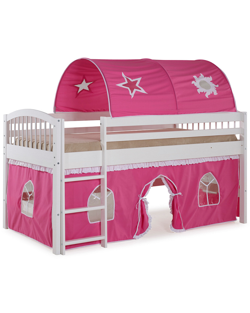 Alaterre Addison White Wood Junior Loft Bed With Pink And White Tent And Playhouse