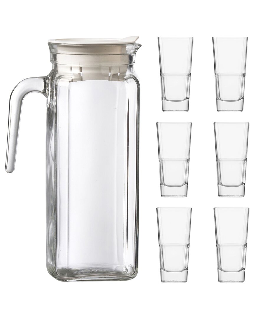 10 Strawberry Street Iced Tea Serving Set: Square Pitcher With 6 Stacking Glasses