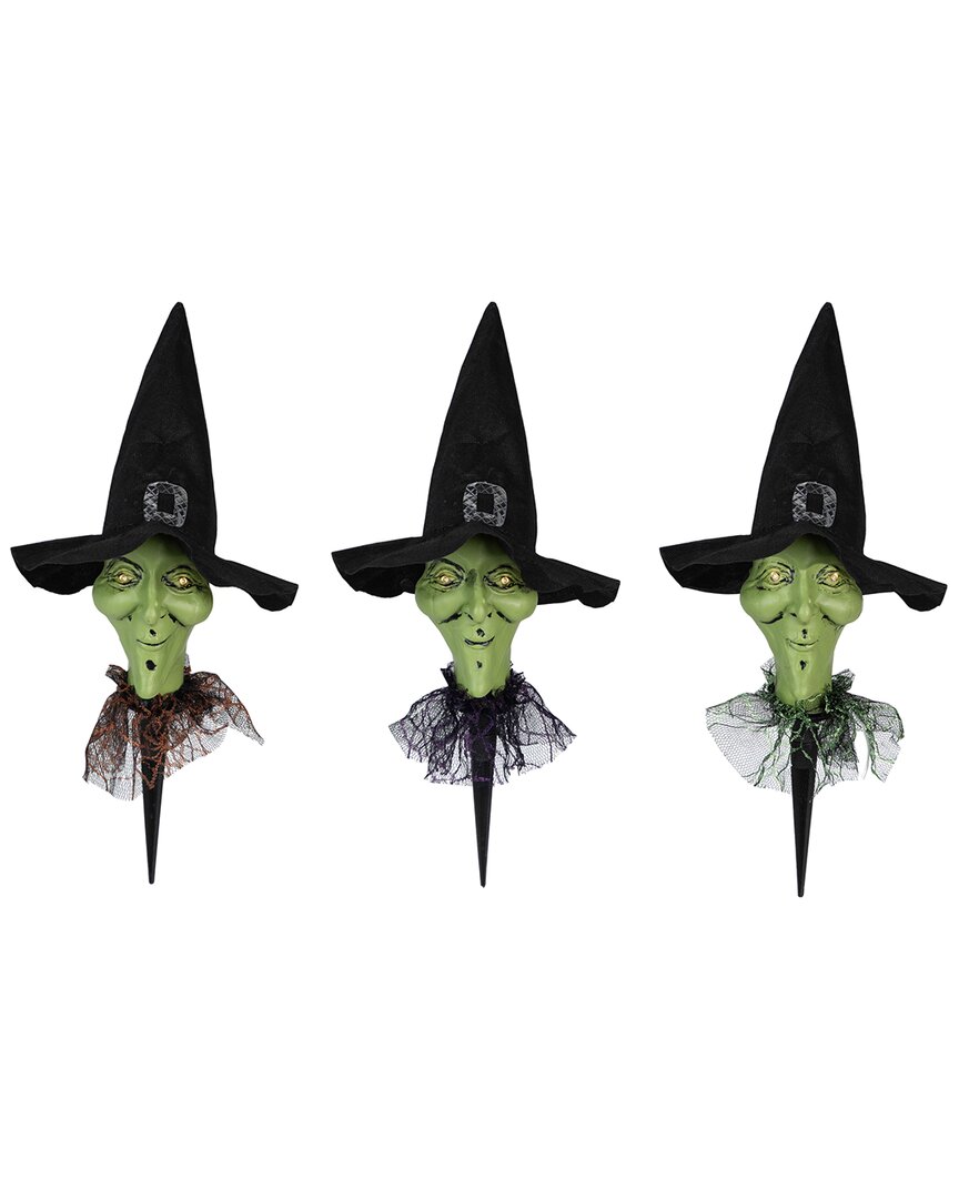 Northlight Set Of 3 Lighted Smirking Witch Halloween Outdoor Pathway Markers  With Timer In Green