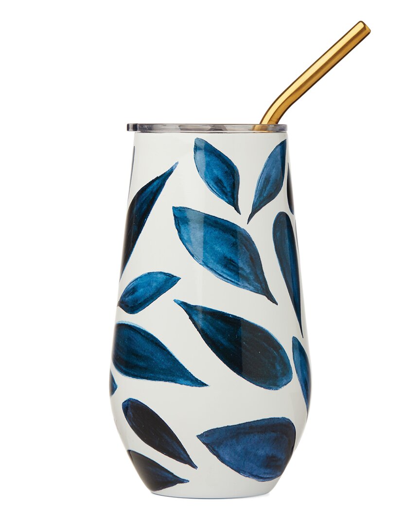 Lenox Blue Bay Leaf Stainless Steel Wine Tumbler With Straw