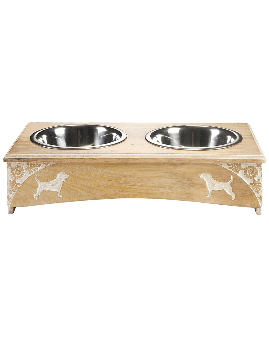 Lr Home Handmade Engraved Wood Elevated Double Pet Feeder In Brown