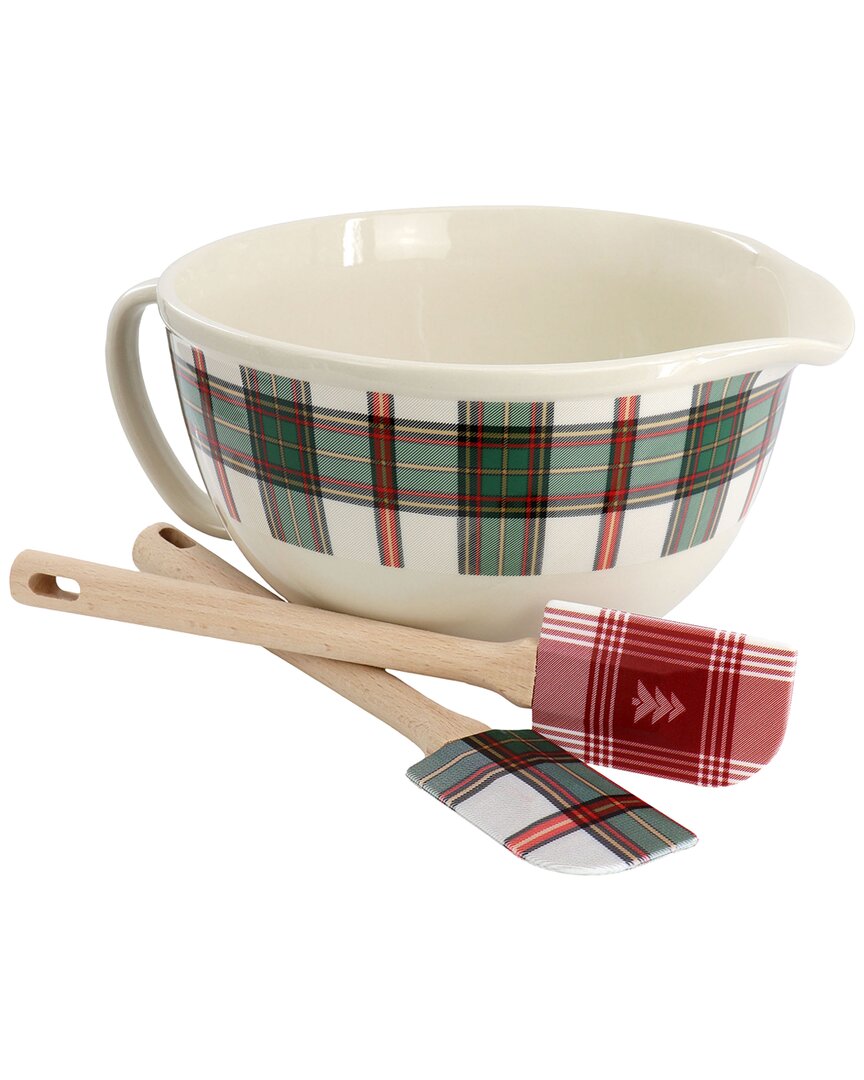 Martha Stewart 3pc Holiday Plaid Stoneware 3.4qt Batter Bowl Set With Silicone Spatulas