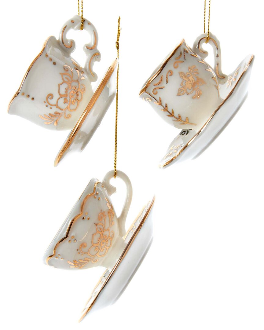 Kurt Adler Set Of 3 Jeweled White And Gold Teacup Ornaments In Gold