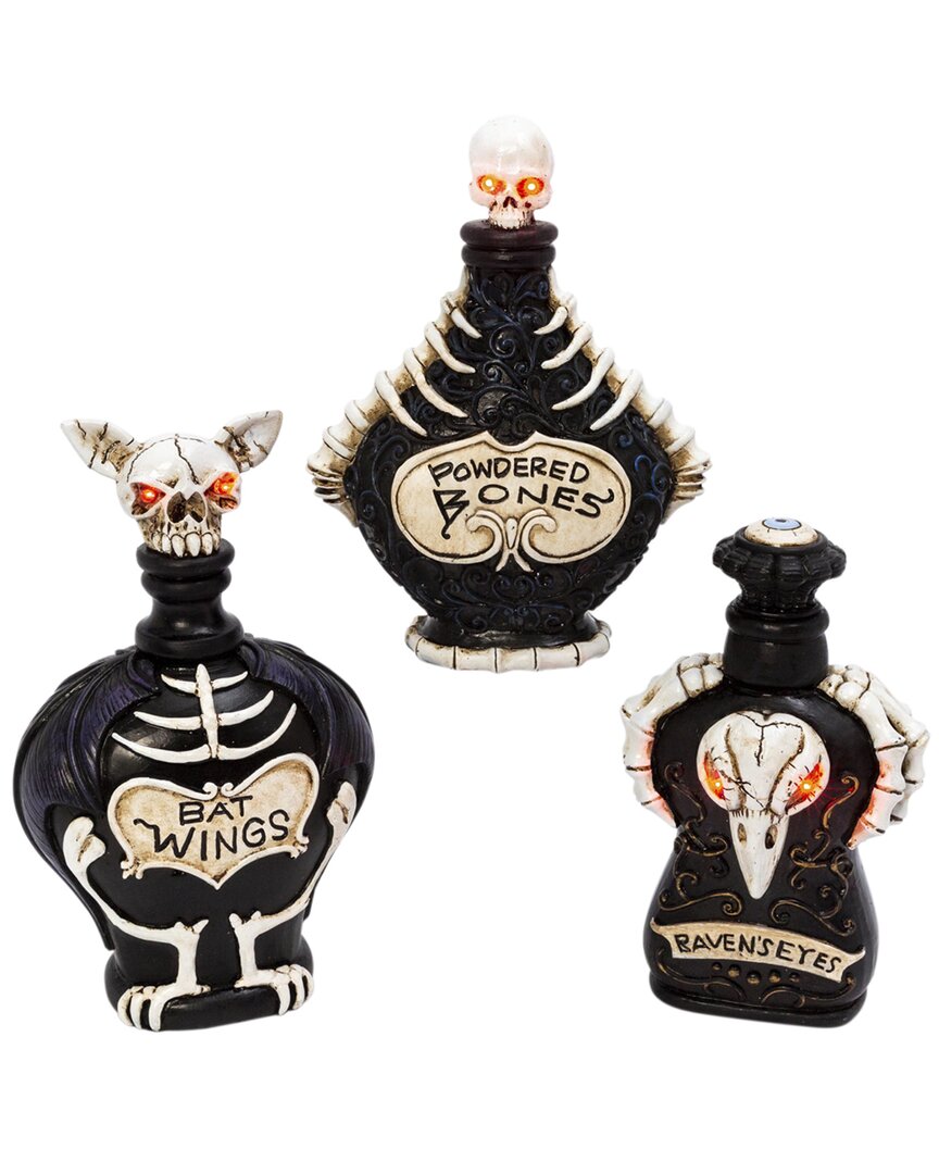 Gerson International Set Of 3 Battery Operated Lighted Resin Halloween Potion Bottles In Black