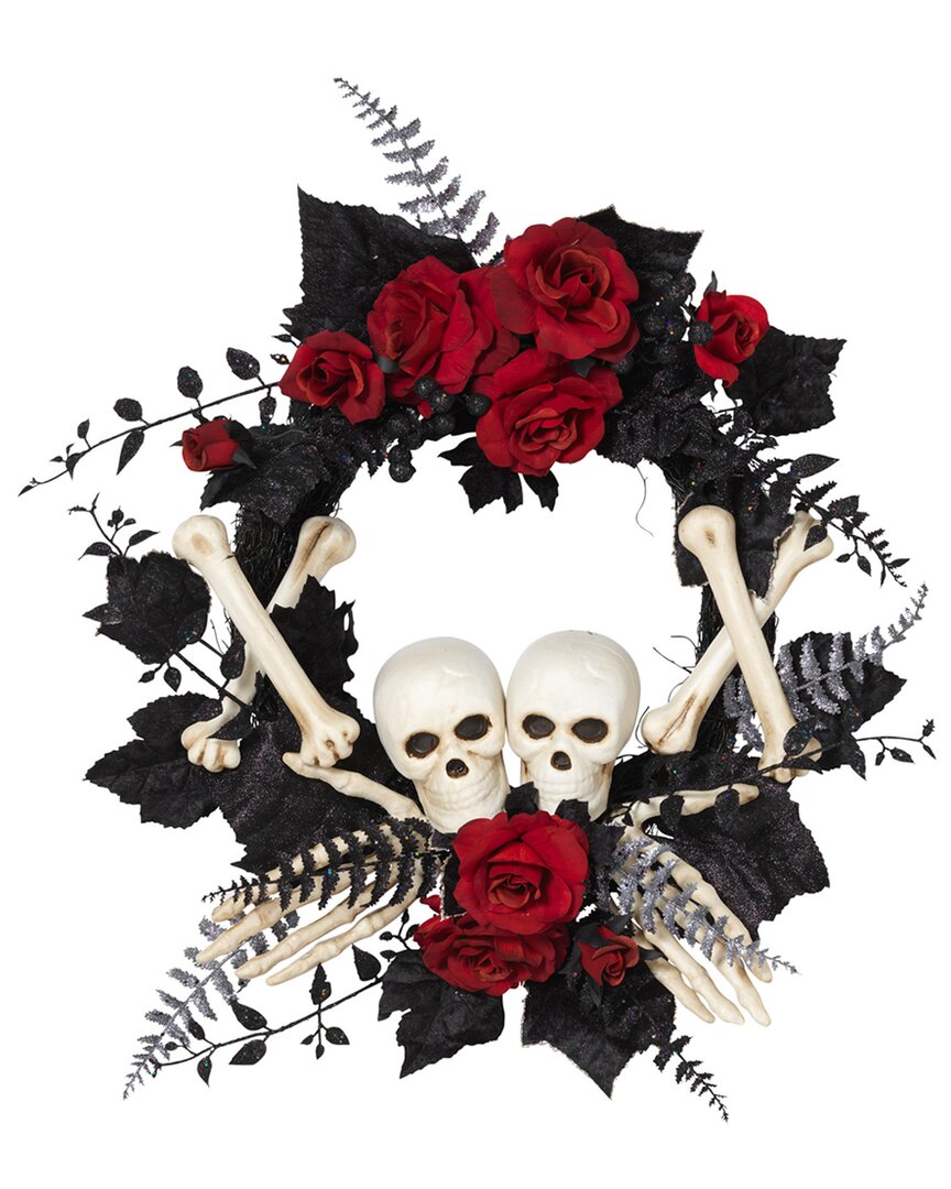 Gerson International 24in Diameter Halloween Skeleton And Roses Wreath In Black