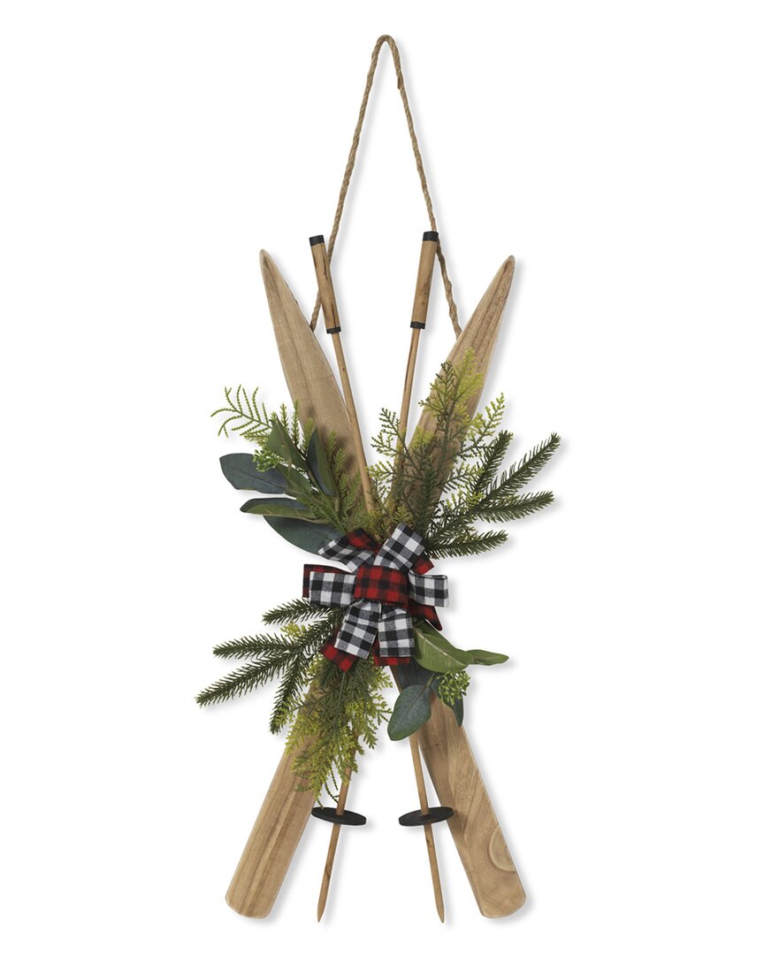Gerson International ™ 26in Wood Ski Wall Hanging With Floral & Fabric Bow Accent In Green