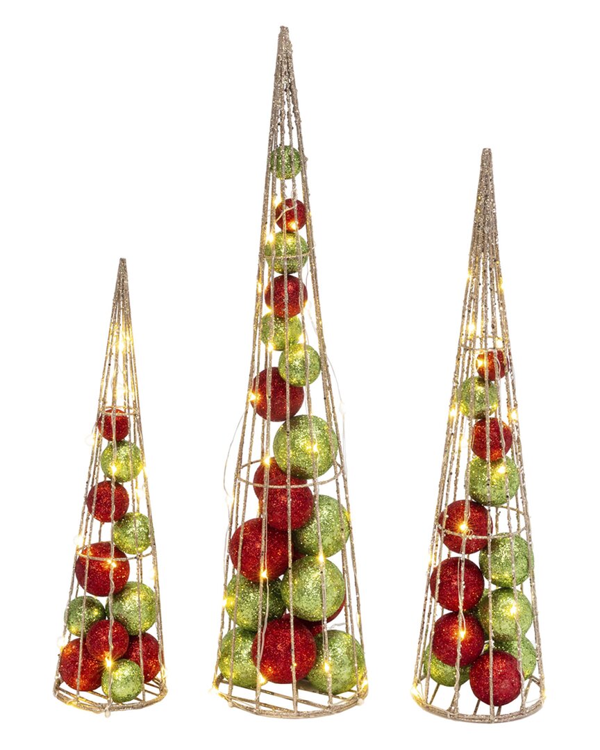 Gerson International ™ Set Of 3 Lighted Red & Green Ornament Filled Cone Trees In Gold