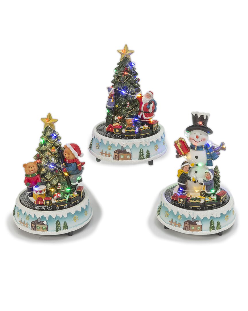 Gerson International Set Of 3 Light-up Musical Trains With Snowman And Trees