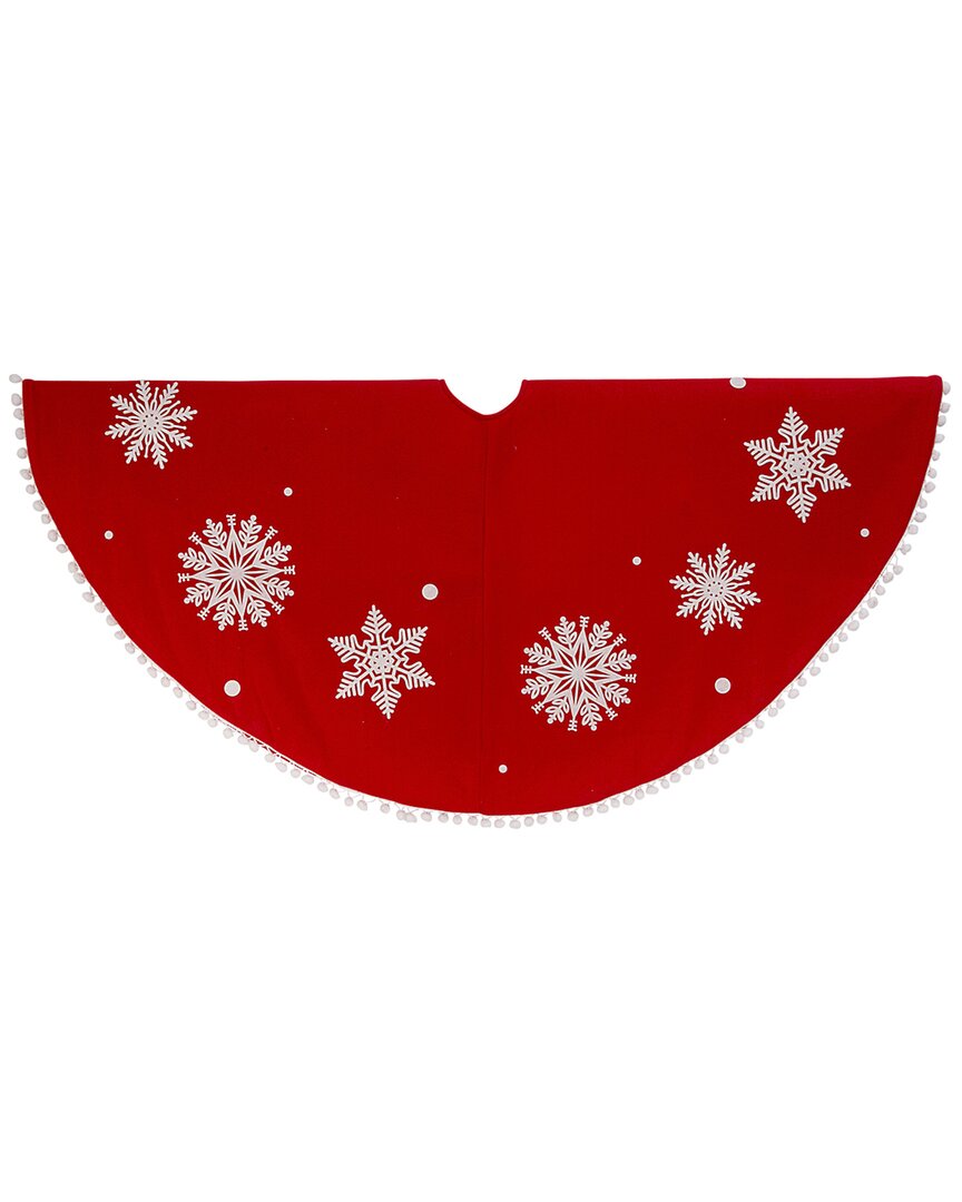 Gerson International ™ Red And White Snowflake Christmas Pompoms Tree Skirt, Velvet