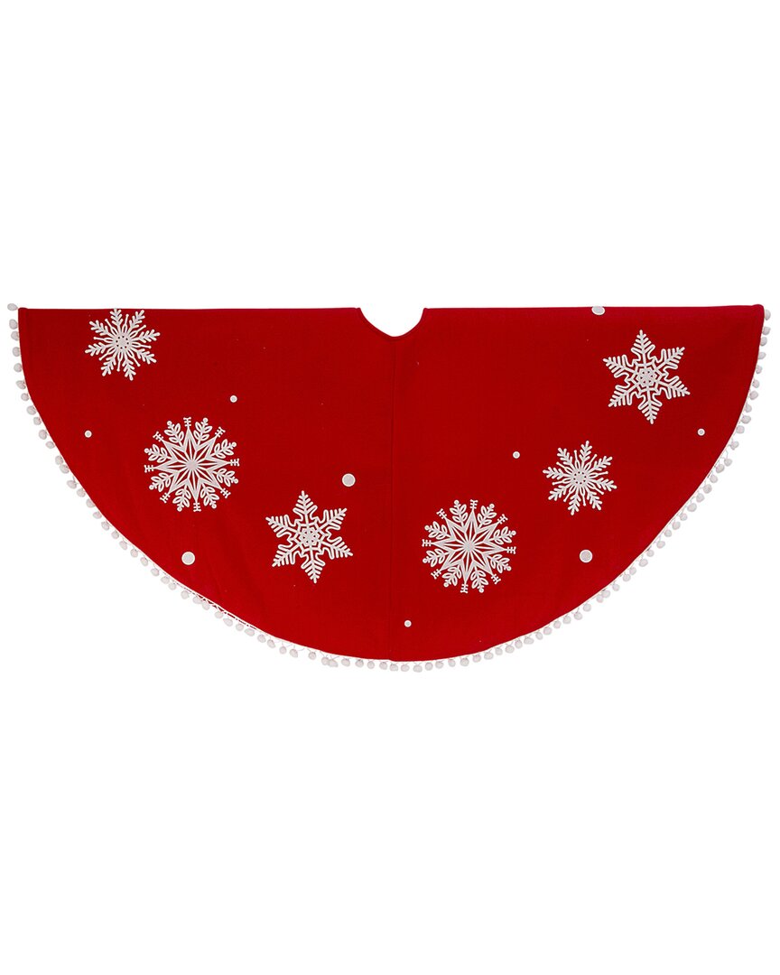 Gerson International ™ Red And White Snowflake Christmas Pompoms Tree Skirt, Velvet In Red