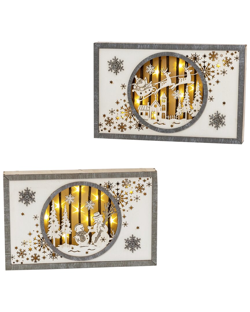 Gerson International ™ Set Of 2 11in Lighted Laser Cut Wood Holiday Scene Wall Décor In White