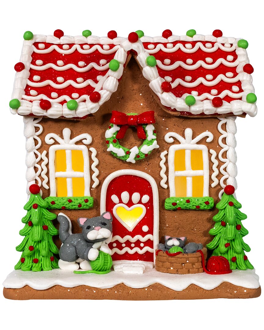 Kurt Adler 8in Battery Operated Led Gingerbread House With Cat In Multi