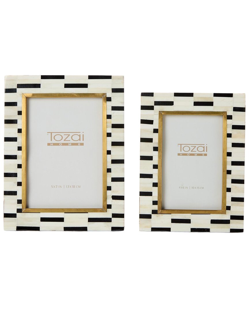 Tozai Home Tiles Set Of 2 Bone & Brass Photo Frames In White
