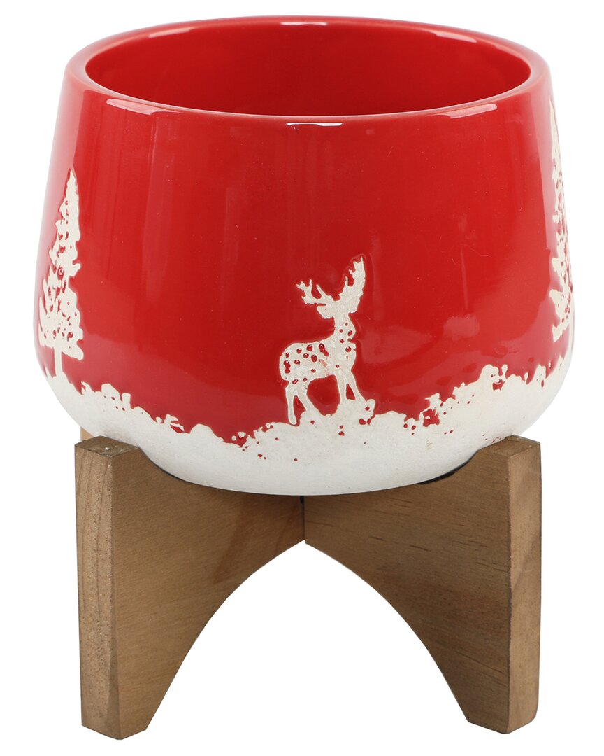 Flora Bunda 6 Red Ceramic Xmas Planter On Wood Stand In Red