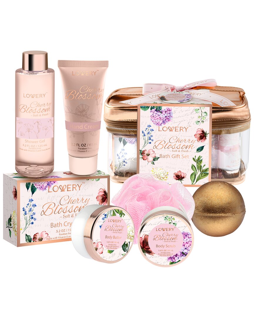 Lovery Cherry Blossom Home Spa Set, 8pc Bath And Body Gift With Cosmetic Bag In Pink