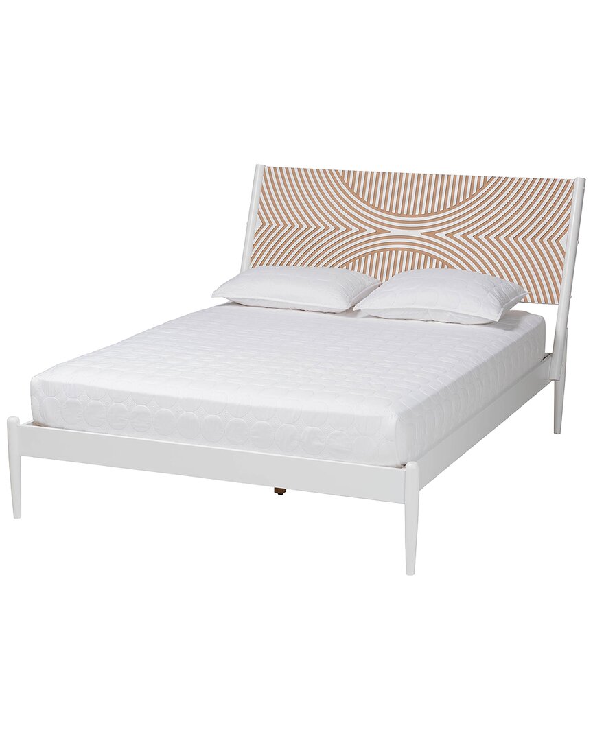 Baxton Studio Louetta Coastal White King Size Platform Bed With Carved Contrasting Headboard