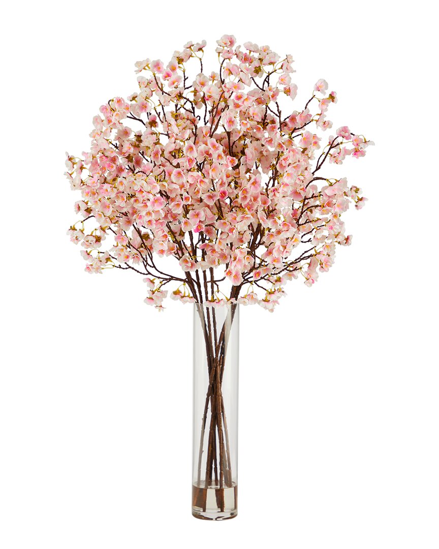 Nearly Natural 32in Artificial Cherry Blossom Arrangement With Cylinder Glass Vase In Pink