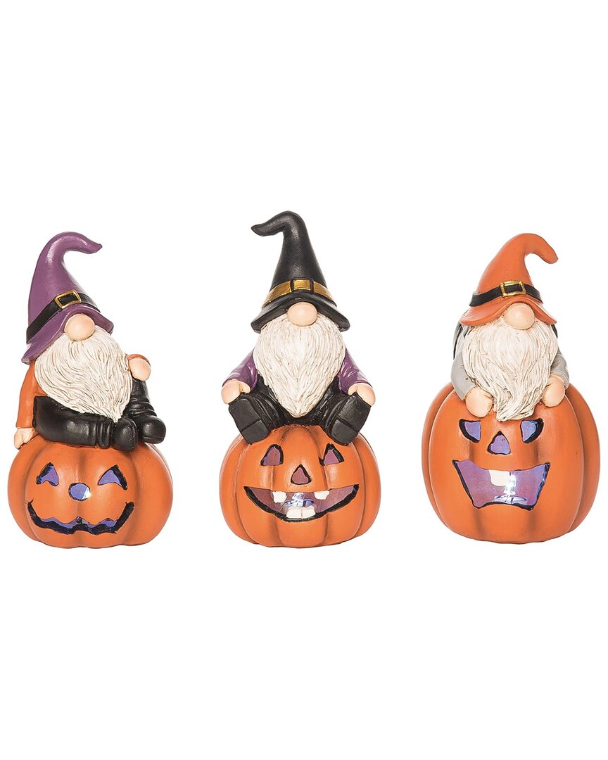 Transpac Resin 6in Multicolored Halloween Light Up Gnome And Pumpkin Figurine Set Of 3 In Orange