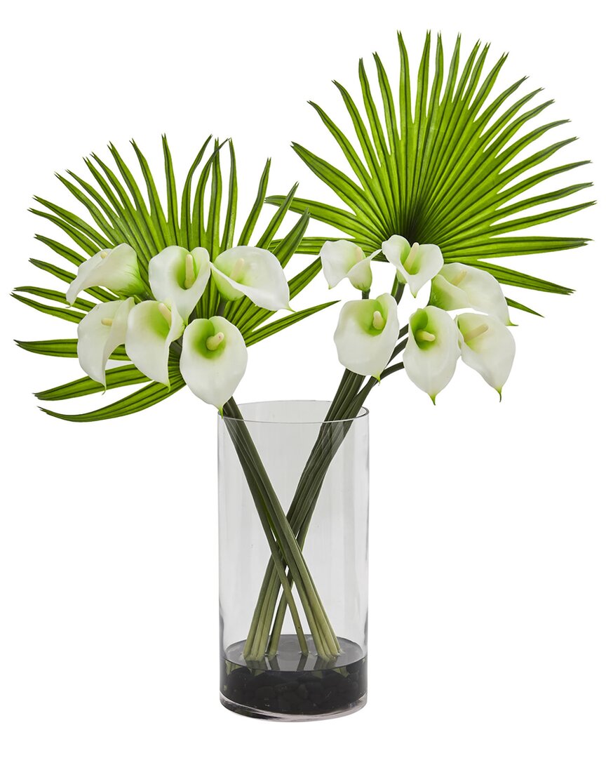 NEARLY NATURAL NEARLY NATURAL CALLA LILY & FAN PALM ARTIFICIAL ARRANGEMENT IN CYLINDER GLASS VASE 