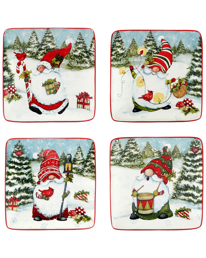 Certified International Christmas Gnomes 6" Canape Plates Set Of 4, Service For 4 In Red