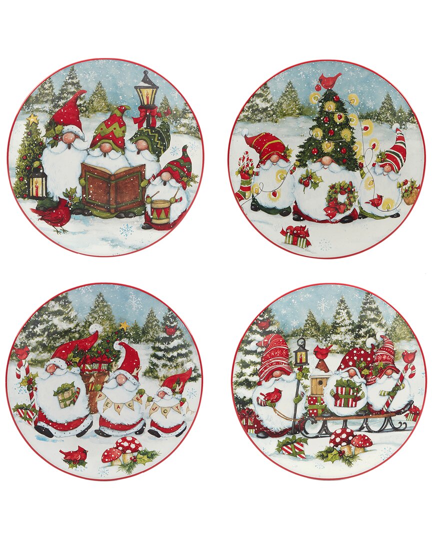 Certified International Christmas Gnomes 9" Dessert Plates Set Of 4, Service For 4 In Red