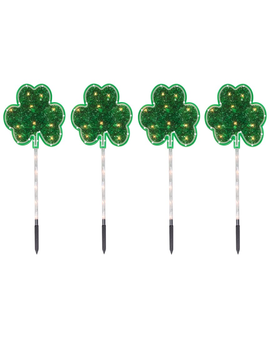 Northlight Shamrock St Patrick's Day Pathway Marker Lawn Stakes Clear Lights Set, 4 Piece In Green