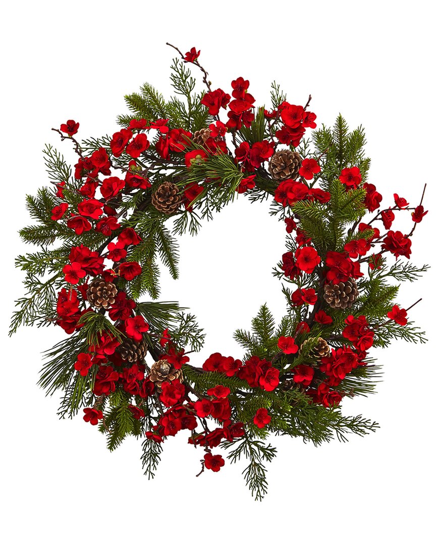 Nearly Natural 24in Plum Blossom Pine Wreath In Red