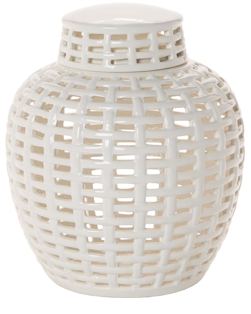 Tozai Home 8in Classic Covered Canton Jar With Hand Cut Openings In White