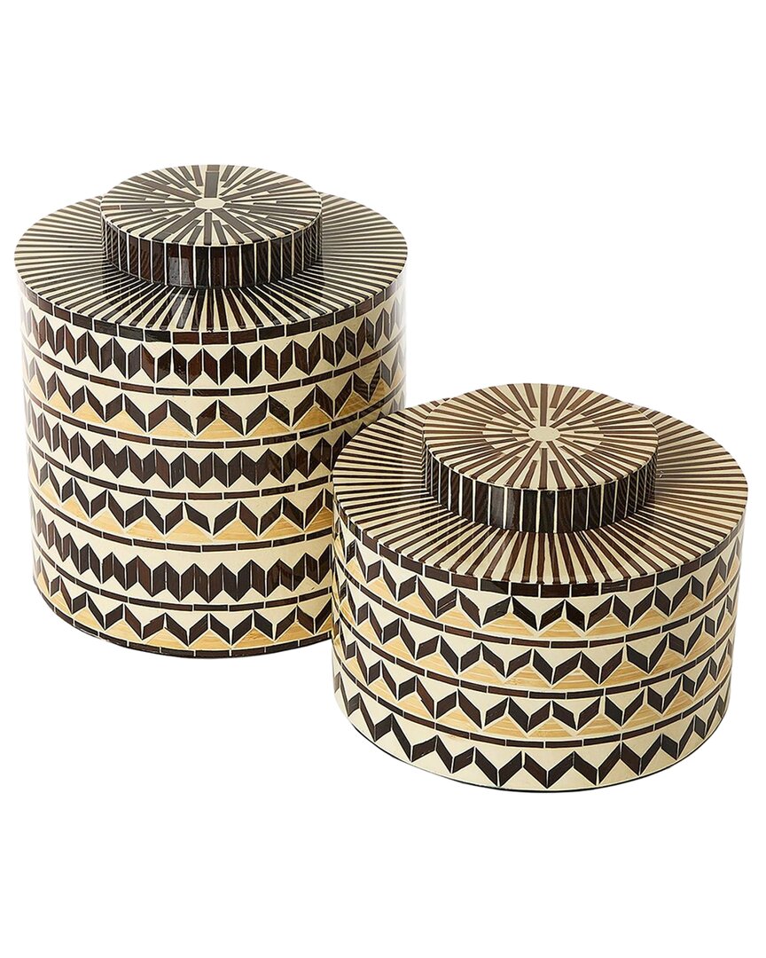 Tozai Home Set Of 2 Earth Tone Patterned Artisan Crafted Covered Jars In Multi