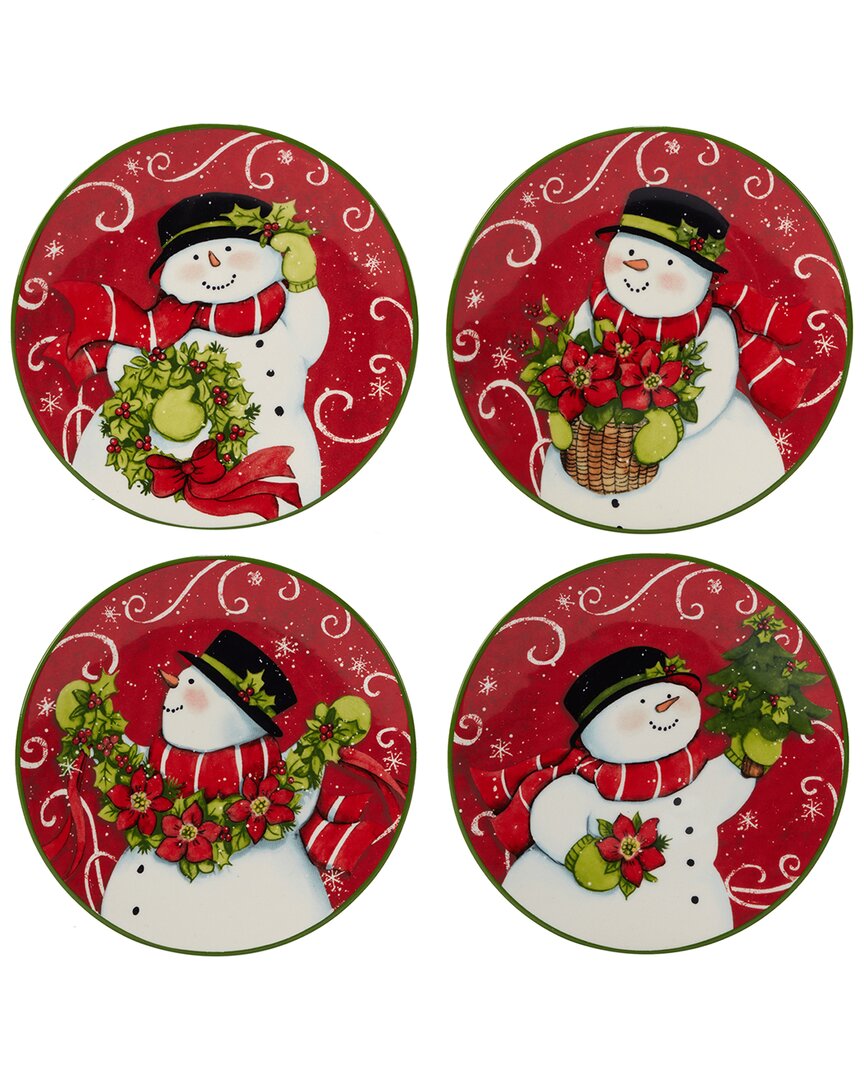 Certified International Holiday Magic Snowman Set Of 4 Canape Plates In Red