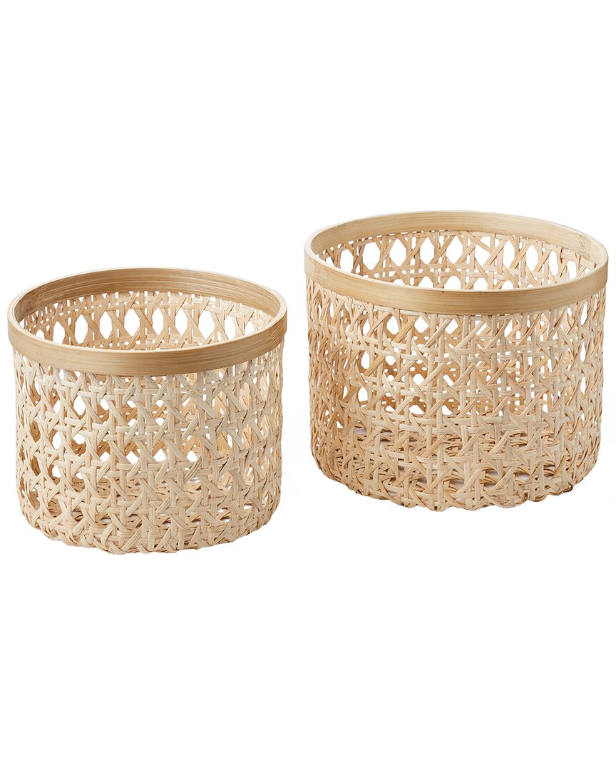 Baum Set Of 2 Round Natural Cane Bins With Bamboo Rim In Brown