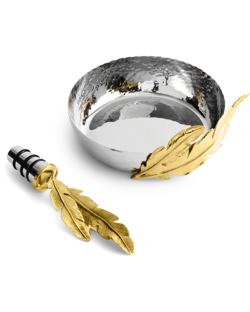 Michael Aram Feather Coaster & Wine Stopper Set In Nocolor