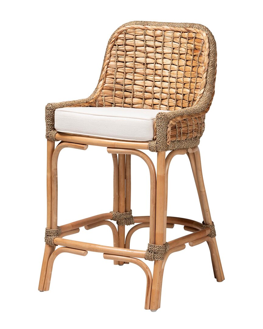 Baxton Studio Kyle Woven Rattan Counter Stool With Cushion In White