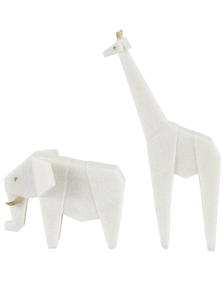 Peyton Lane Set Of 2 Elephant, Giraffe White Polystone Cubist Inspired  Sculpture With Gold Accents In White