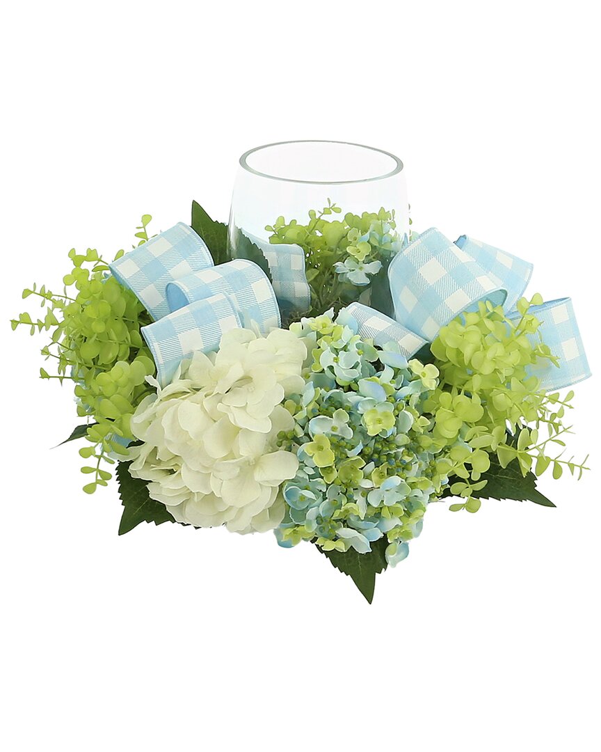 Creative Displays Hydrangea And Eucalyptus Glass Candle Holder Centerpiece With Bows In White