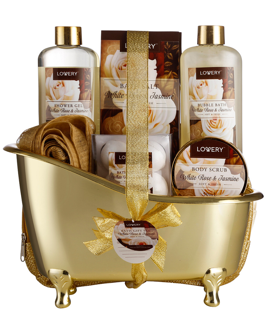 Lovery Luxe 13pc Bath & Body Set With Bag, White Rose Jasmine Home Spa Basket