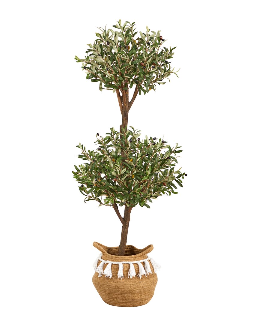 Nearly Natural 4.5ft Artificial Olive Double Topiary Tree With Handmade Tassel Basket In Green