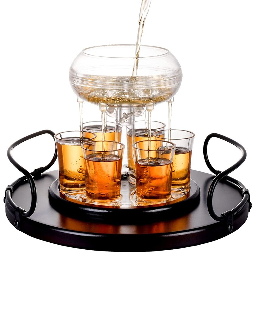 Alice Pazkus Shot Glass Dispenser With 6 Glasses On Wood Tray In Clear