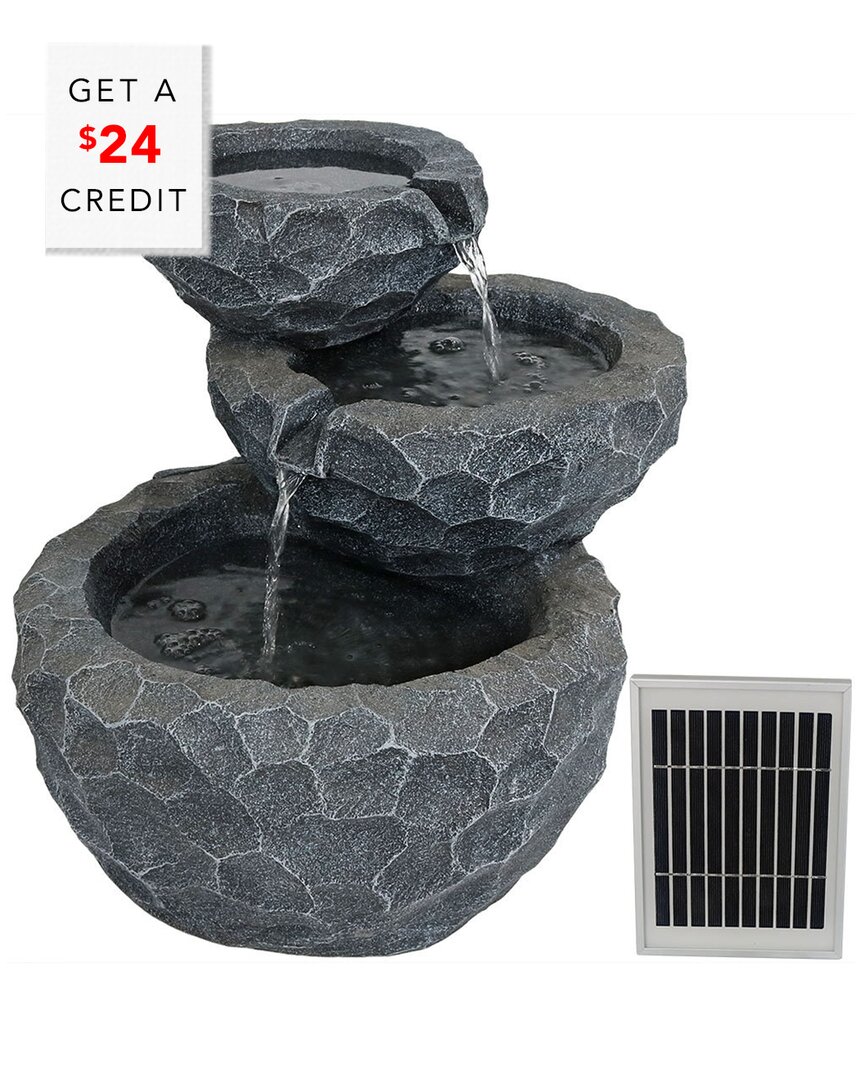 Sunnydaze Outdoor 3-tier Chiseled Basin Solar Powered Water Fountain With Battery Backup And Submersible Pump  In Grey