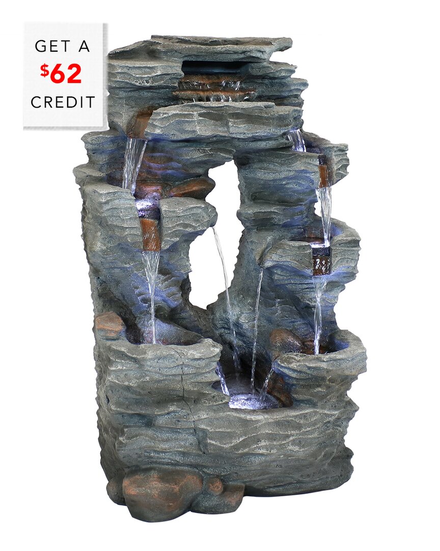 Sunnydaze 39"h Electric Polyresin And Fiberglass Dual Cascading Falls Outdoor Water Fountain With Led Lights In Grey
