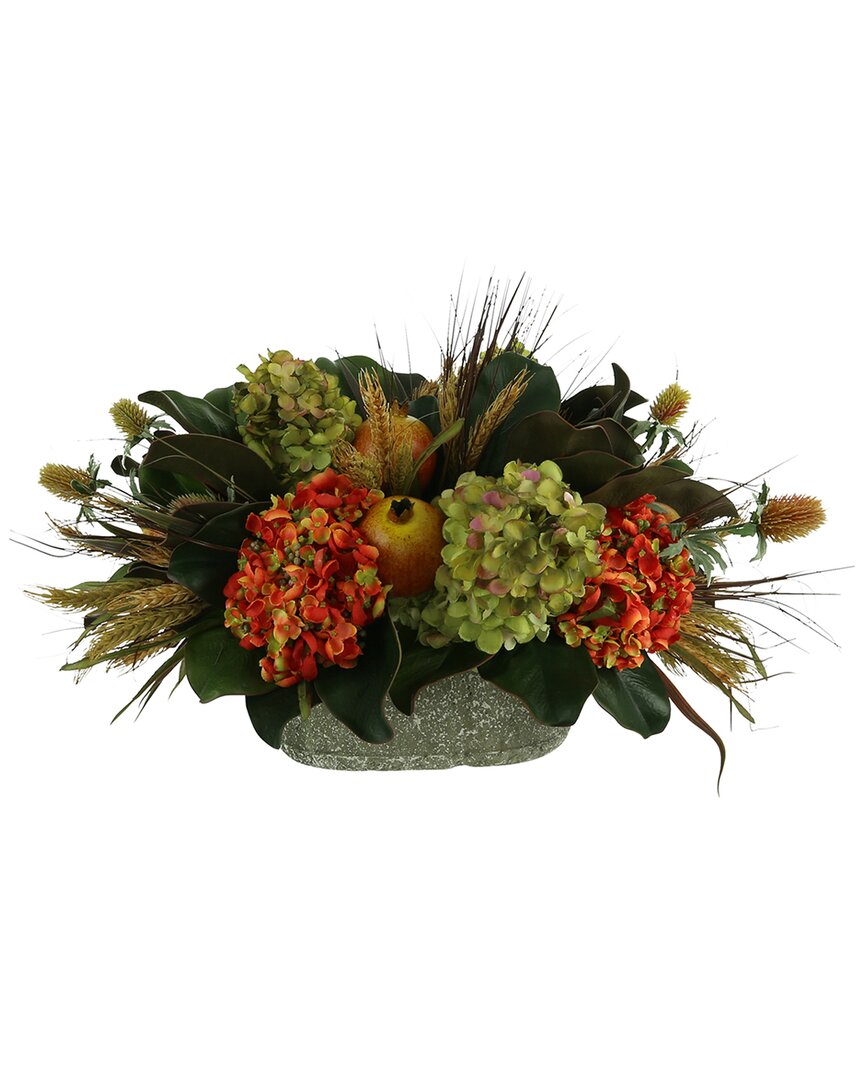 Creative Displays Fall Green And Orange Hydrangea Floral Arrangement In A  Stone Planter