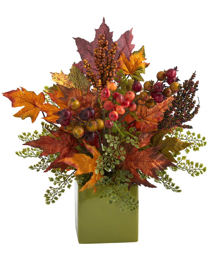 Nearly Natural 17in Maple Leaf, Berries And Maiden Hair Artificial Arrangement In Green Vase In Orange