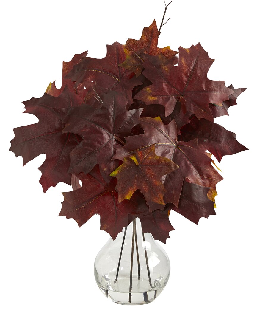 Nearly Natural 18in Autumn Maple Leaf Artificial Plant In Glass Planter In Burgundy