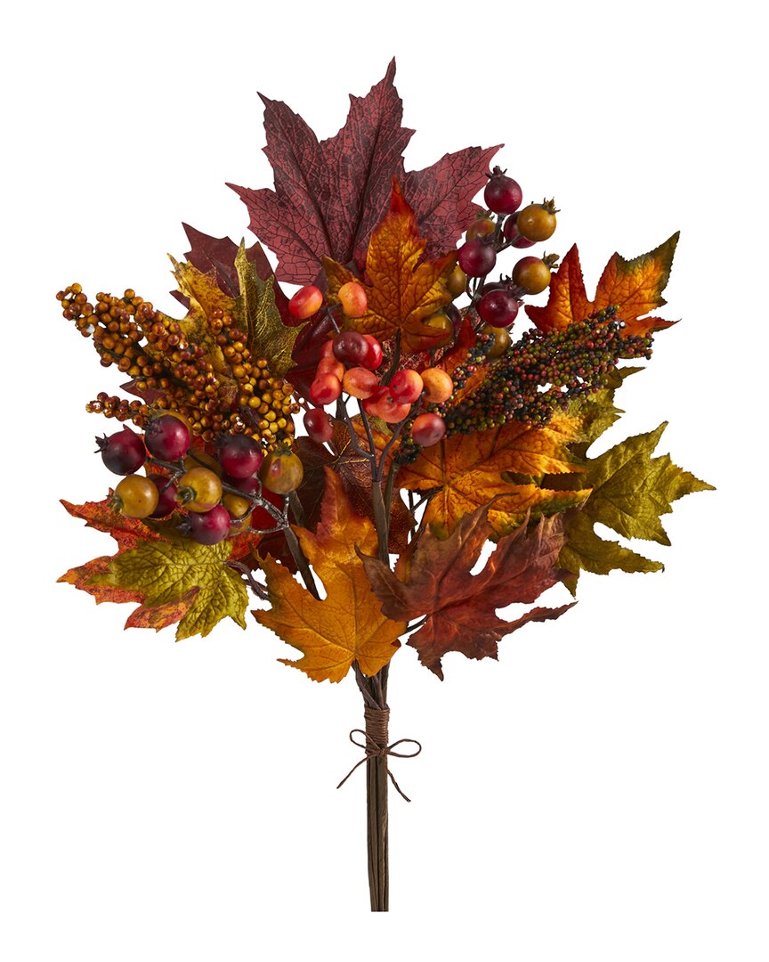 Nearly Natural Set Of Three 20in Maple Leaf & Berries Artificial Flower Bouquets In Orange