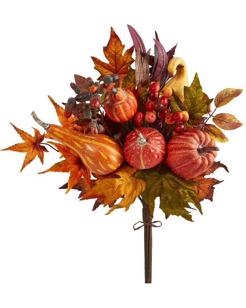 Nearly Natural Set Of Two 20in Pumpkin & Maple Leaf Artificial Flower Bouquets In Orange