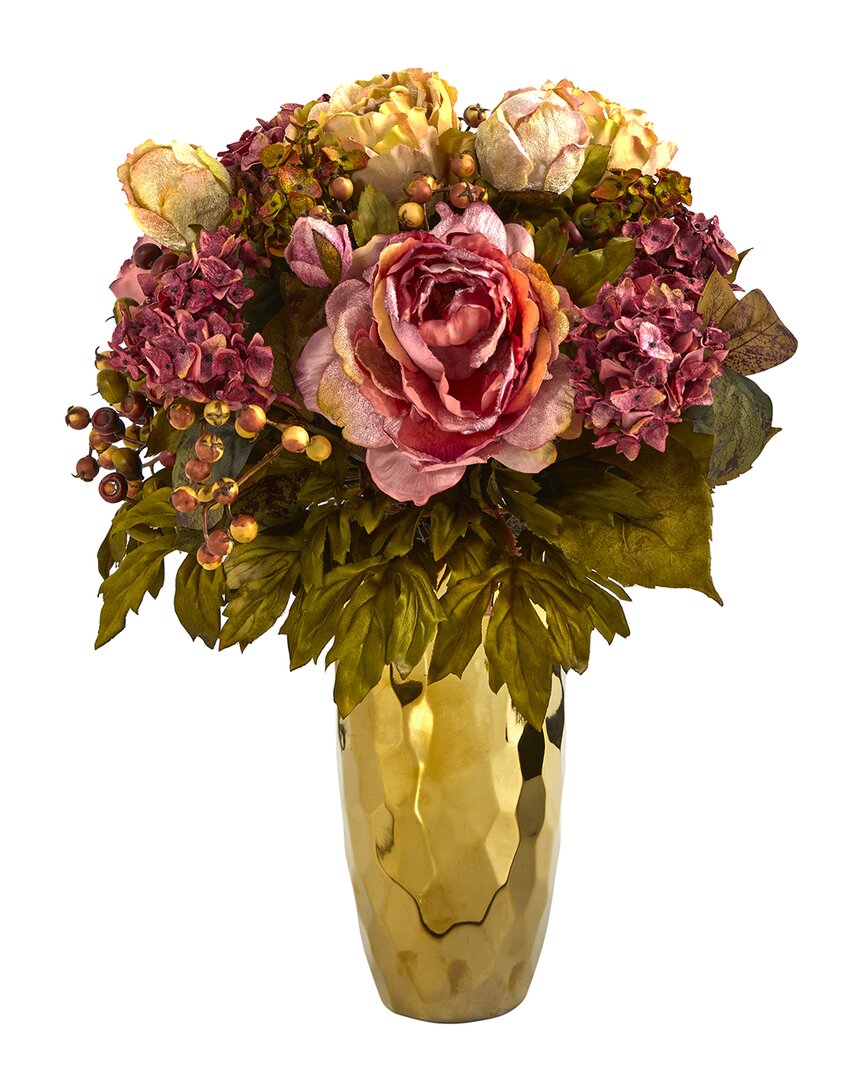 Nearly Natural 19in Peony Artificial Arrangement In Gold Vase In Pink