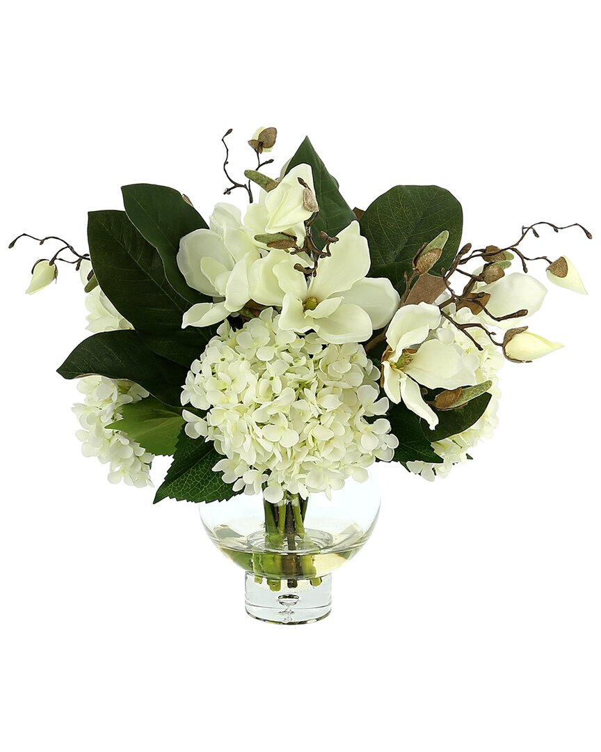 Creative Displays White Hydrangea And Magnolia Floral Arrangement In Round Glass Vase
