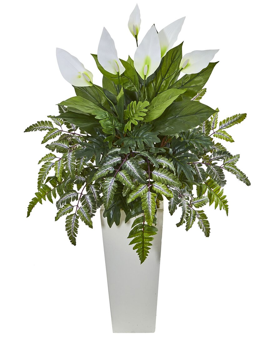 Nearly Natural Mixed Spathiphyllum Artificial Plant In White Towe In Green