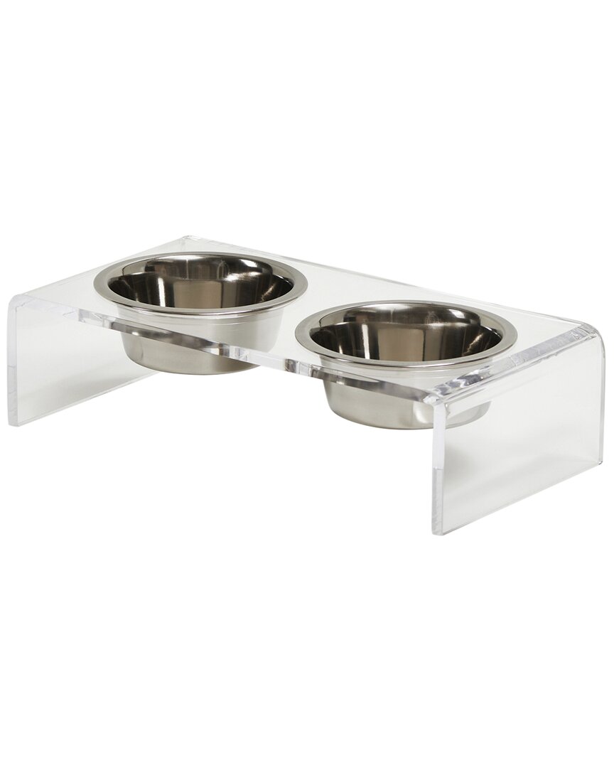 Hiddin Small Clear Double Bowl Pet Feeder With Silver Bowls In Silver